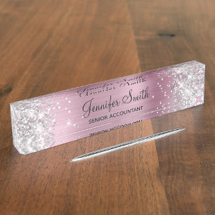 Girly Glittery Silver Faux Light Pink Foil Nameplate