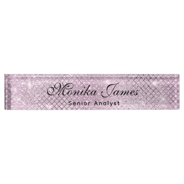 Girly Glittery Silver Faux Light Pink  Nameplate (Front)