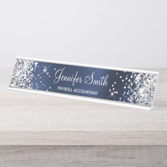 Girly Glittery Silver Faux Navy Blue Foil Desk Name Plate (Front)