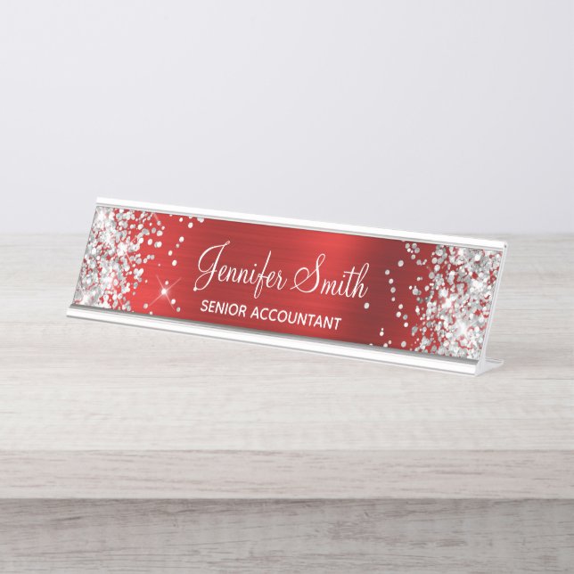 Girly Glittery Silver Faux Ruby Red Foil Desk Name Plate (Front)