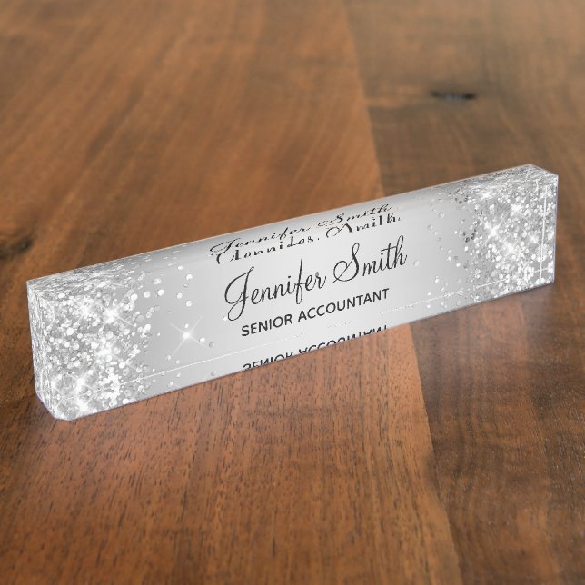 Girly Glittery Silver Gradient Nameplate (Side)