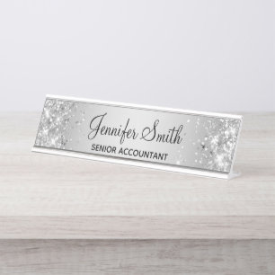 Girly Glittery Silver Grey Gradient Desk Name Plate