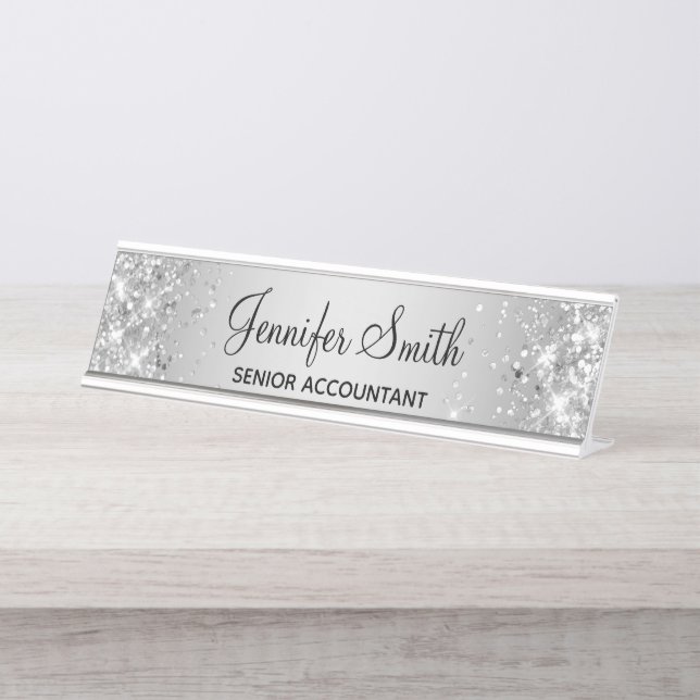 Girly Glittery Silver Grey Gradient Desk Name Plate (Front)