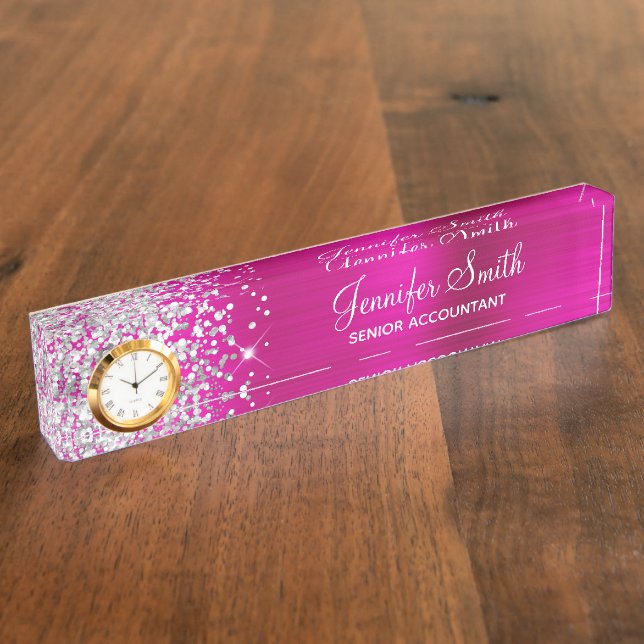 Girly Glittery Silver Hot Pink Glam Nameplate (Side)