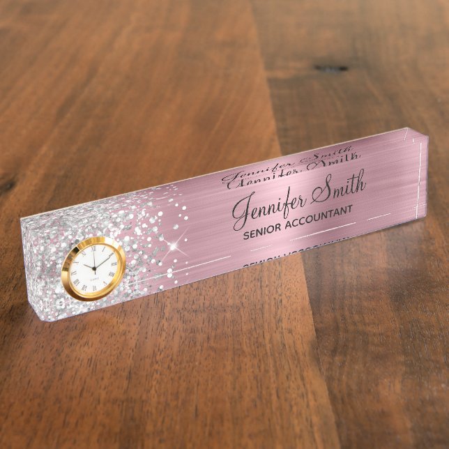 Girly Glittery Silver Pink Glam Nameplate (Side)