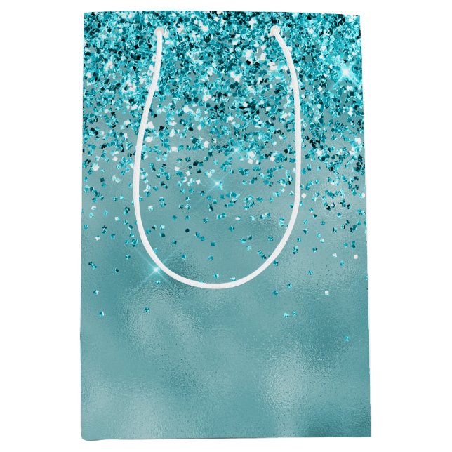 Girly Glitz Aqua Turquoise Glitter Medium Gift Bag (Front)