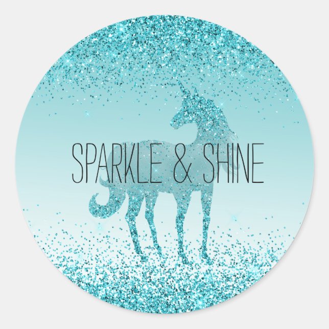 Girly Glitz Aqua Turquoise Glitter Unicorn Classic Round Sticker (Front)
