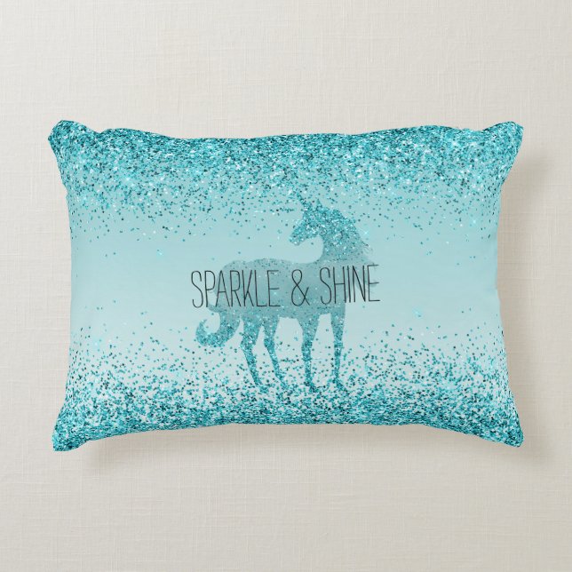Girly Glitz Aqua Turquoise Glitter Unicorn Decorative Cushion (Front)