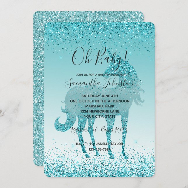 Girly Glitz Aqua Turquoise Glitter Unicorn Invitation (Front/Back)