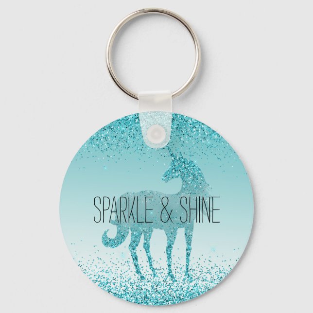 Girly Glitz Aqua Turquoise Glitter Unicorn Key Ring (Front)