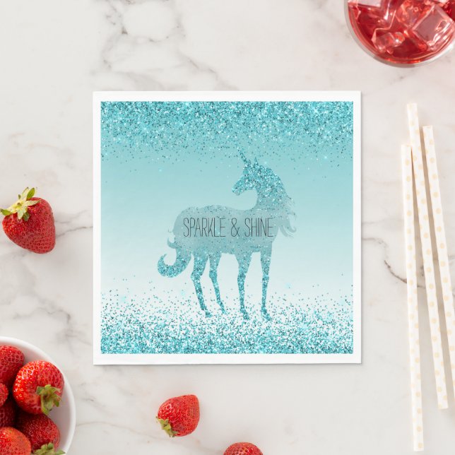 Girly Glitz Aqua Turquoise Glitter Unicorn Napkin (Insitu)