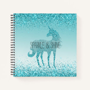 Girly Glitz Aqua Turquoise Glitter Unicorn Notebook