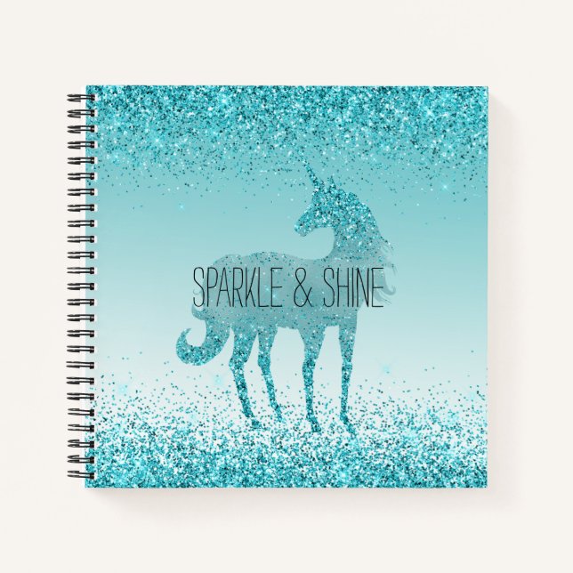 Girly Glitz Aqua Turquoise Glitter Unicorn Notebook (Front)