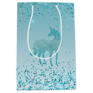 Girly Glitz Aqua Turquoise Glitter Unicorn Ombre Medium Gift Bag
