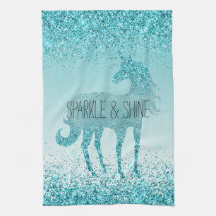 Girly Glitz Aqua Turquoise Glitter Unicorn Tea Towel
