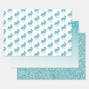 Girly Glitz Aqua Turquoise Glitter Unicorn Wrapping Paper Sheet