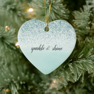 Girly Glitz Mint Ombre Glitter Gold Heart Ceramic Tree Decoration