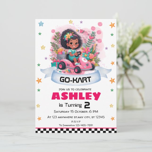 Girly Go Kart Birthday Invitation (Standing Front)