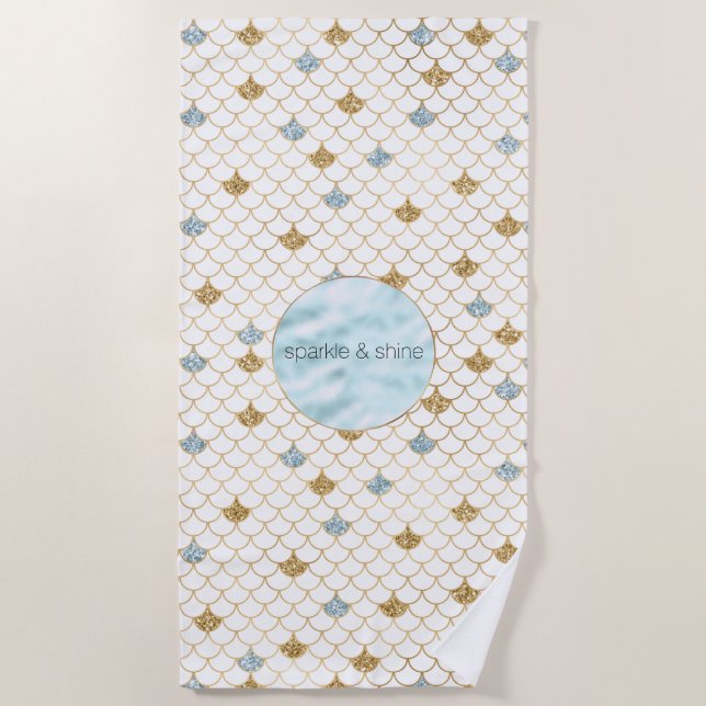 Girly Gold Aqua Blue Glitter Mermaid Quote Beach Towel (Front)
