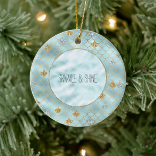 Girly Gold Aqua Blue Glitter Mermaid Quote Ceramic Tree Decoration