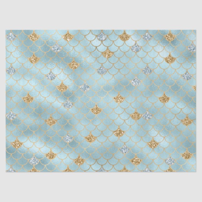 Girly Gold Aqua Blue Glitter Mermaid Tissue Paper (Front)