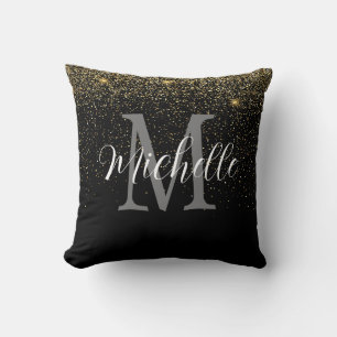Girly Gold Black Glitter Monogram and Name   Cushion