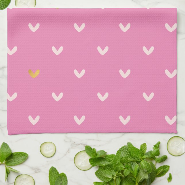 Girly Gold Blush Pink Hearts Tea Towel (Folded)