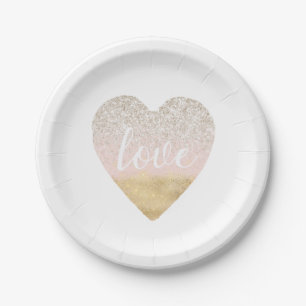 Girly Gold Blush Pink Love Heart Paper Plate