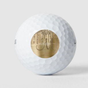 Girly Gold Brushed Metal Dripping Glitter Name Golf Balls