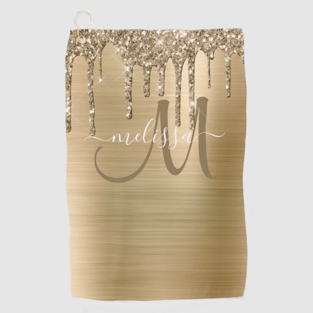 Girly Gold Brushed Metal Dripping Glitter Name Golf Towel (Front)