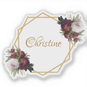 Girly Gold Burgundy Peonies Name Floral Geometric