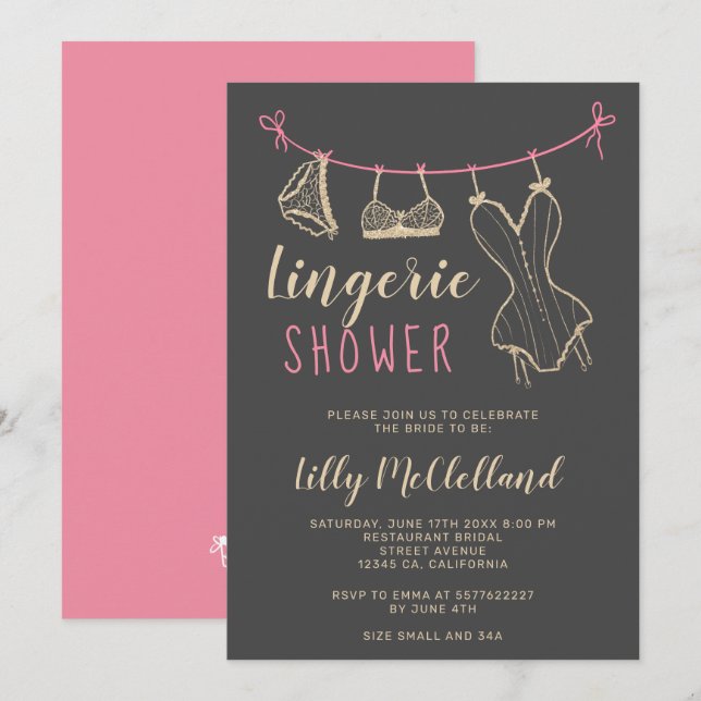 Girly gold clothesline chic lingerie bridal shower invitation (Front/Back)