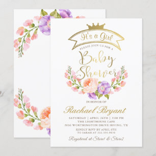 Girly Gold Crown Elegant Pink Floral Baby Shower Invitation