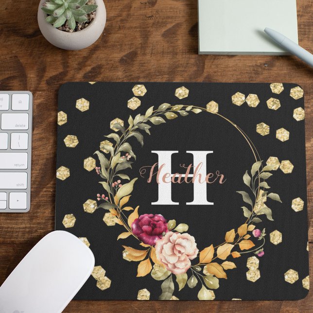 Girly Gold Faux & Floral Wreath Monogram Mouse Mat (Creator Uploaded)