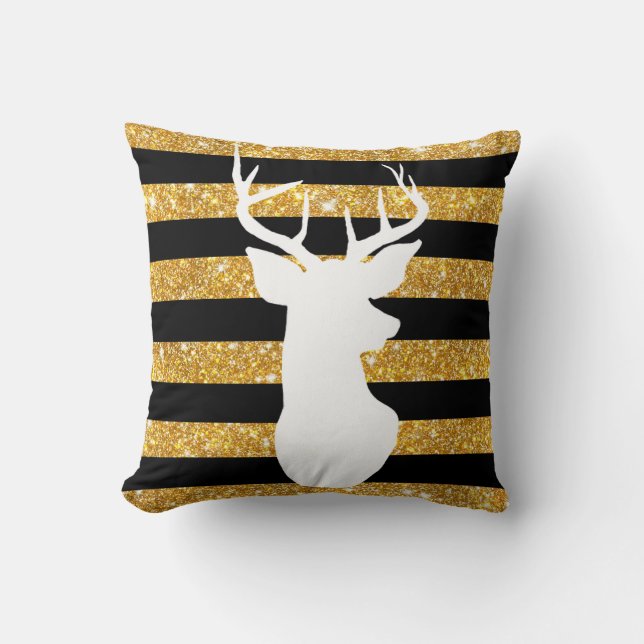 Girly Gold Faux Glitter Antler Black Stripes Cushion (Front)