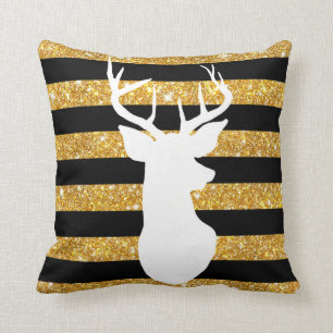 Girly Gold Faux Glitter Antler Black Stripes Cushion