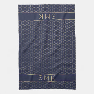 Girly Gold Foil Navy Blue Geometric Monogram Tea Towel