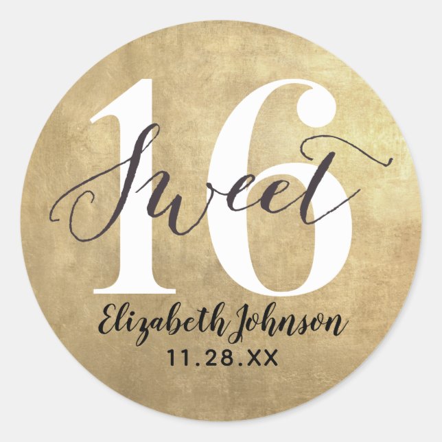 Girly Gold Foil Sweet 16 Birthday Classic Round Sticker (Front)