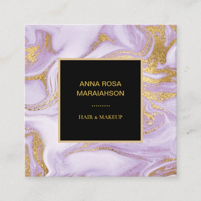 *~* Girly Gold Foil Veins Lavender Marble Modern Square Business Card (Front)
