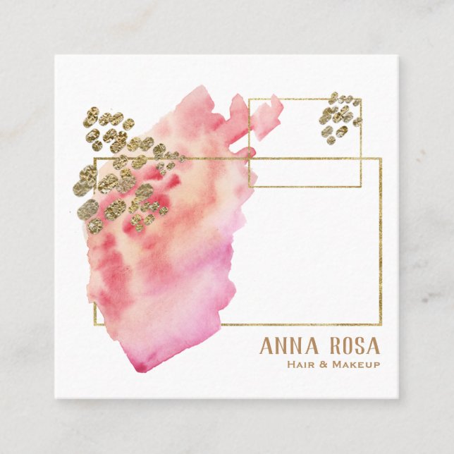 *~* Girly Gold Geometric Peach Pink &  Watercolor Square Business Card (Front)