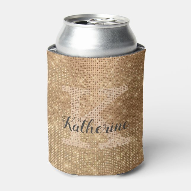 Girly Gold Glam Diamond Sparkle Chic Monogram Name Can Cooler (Can Front)