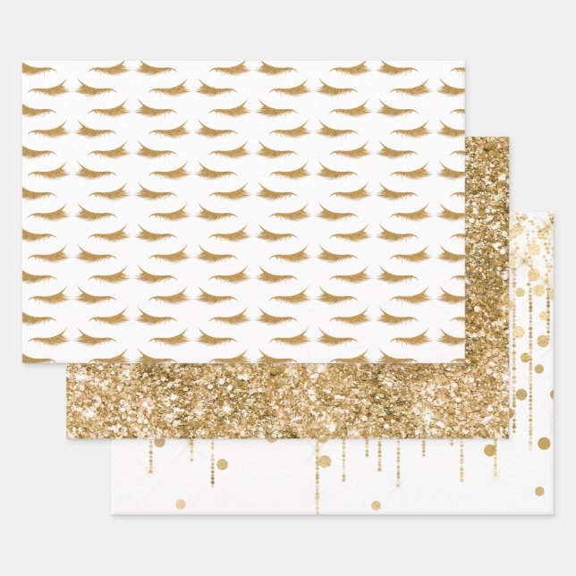 Girly Gold Glam Glitter Eyelashes Wrapping Paper Sheet (Set)