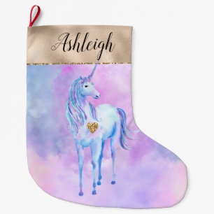 Girly Gold Glam Purple Unicorn Watercolor Name Large Christmas Stocking