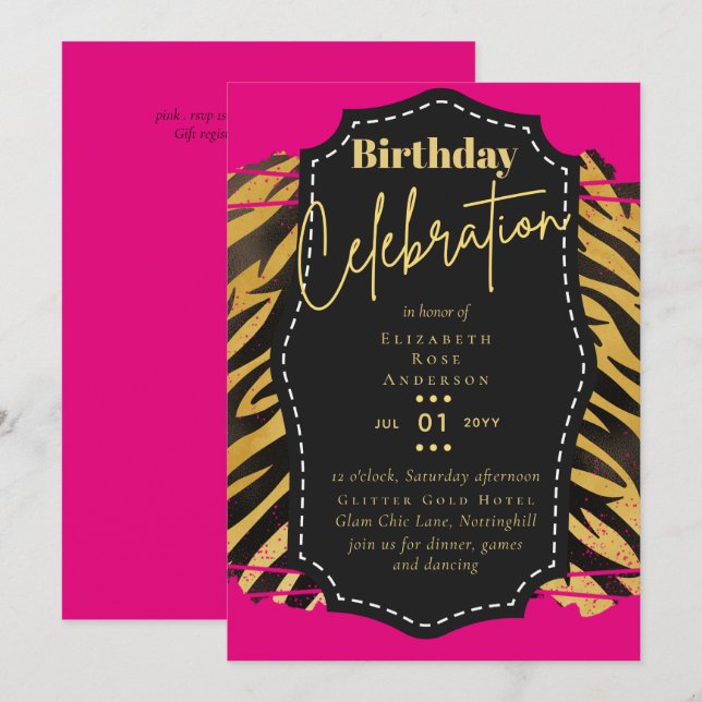 Girly Gold Glitter Animal Print Birthday ANY Age Invitation (Front/Back)