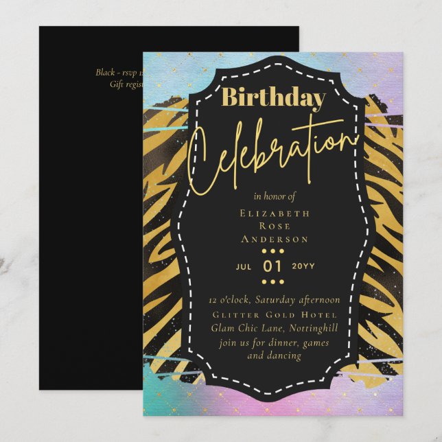 Girly Gold Glitter Animal Print Birthday ANY Age Invitation (Front/Back)