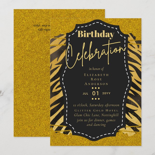 Girly Gold Glitter Animal Print Birthday ANY Age Invitation (Front/Back)