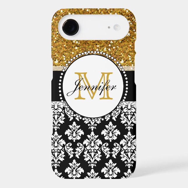 Girly Gold Glitter Black Damask Personalised Case-Mate iPhone Case (Back)