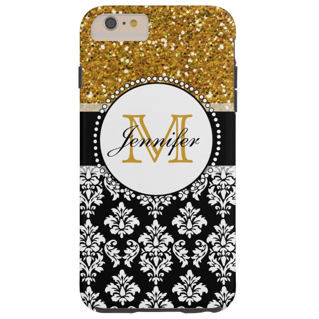 Girly Gold Glitter Black Damask Personalised Case-Mate iPhone Case (Back)