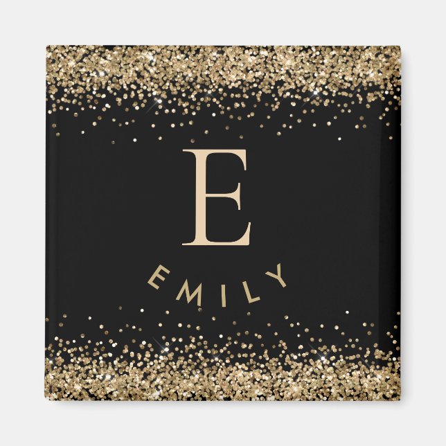 Girly Gold Glitter Black Monogram Initial Name Magnet (Front)