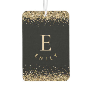 Girly Gold Glitter Black Monogram Name Initial Car Air Freshener